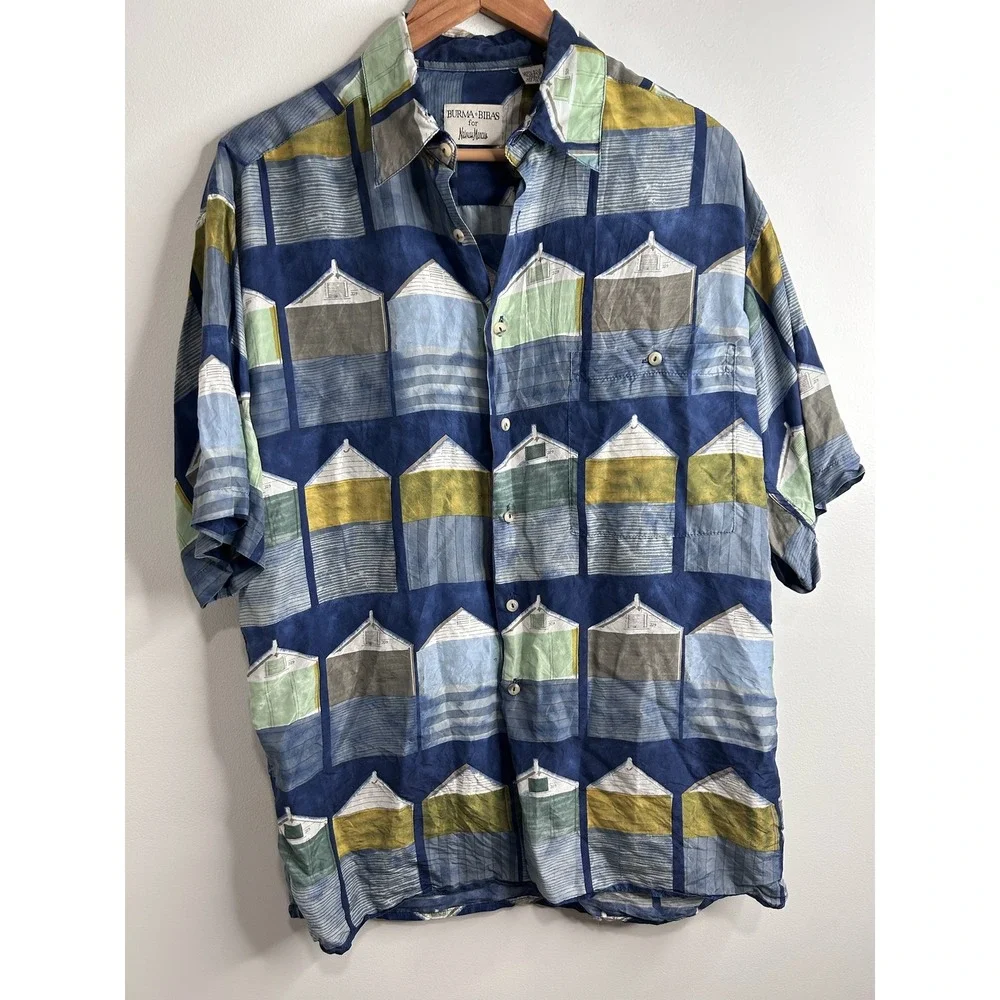 Burma Bibas Neiman Marcus Mens Medium Silk Beach Hut Novelty Hawaiian Shirt Blue